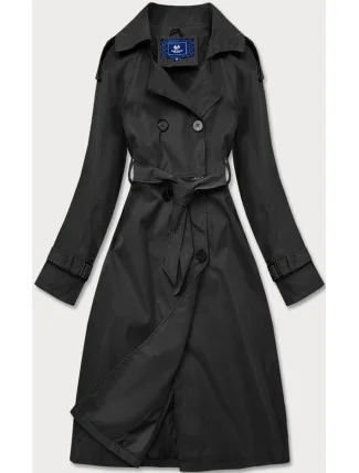 Čierny dvojradový kabát s opaskom (AG3-011)