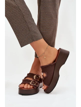 Dámské pantofle na platformě se zlatými sponami čokoládové Renelisse