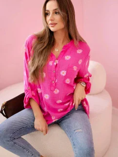 Dámska ľanová blúzka s kvetinovým vzorom, dlhými rukávmi a gombíkmi Ružová