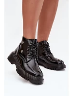 Skórzane Ocieplane Botki Damskie Z Ozdobami Lakierowane Artiker 57C0345 Czarne