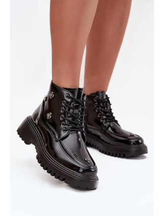 Skórzane Ocieplane Botki Damskie Z Ozdobami Lakierowane Artiker 57C0345 Czarne
