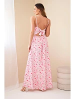 Dámske maxi kvetinové šaty bez ramienok so zaväzovaním na chrbte candy pink