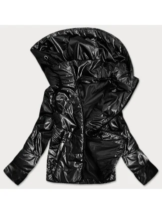 Lesklá čierna dámska bunda s kapucňou (B9575)