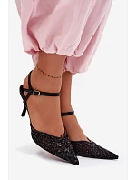 Dámské síťované sandály na podpatku s lesklým zdobením Černé Laria