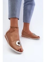 Czółenka Damskie Z Ozdobą Eko Skórzane Ciemnobeżowe Biolita