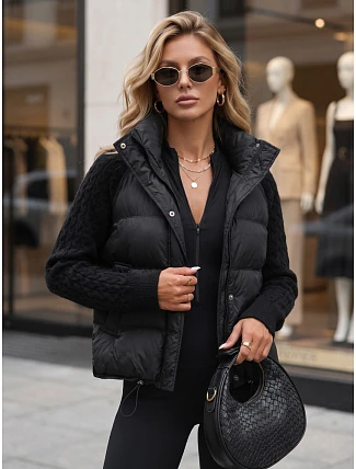 Dámska prešívaná péřová bunda s pletenými rukávmi, čierna, FashionStreet TY5930