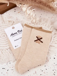 Bavlněné ponožky pruhované s medvídkem Béžové