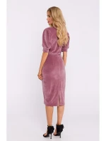M827 Zamatové šaty s rukávmi - krepovo ružové