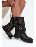 Marszczone Kozaki Damskie Do Połowy Łyski Z Paskami I Klamrami Czarne Halvessa