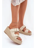 Klapki Damskie Na Koturnie Z Plecionką I Klamrami Beżowe Pasinea