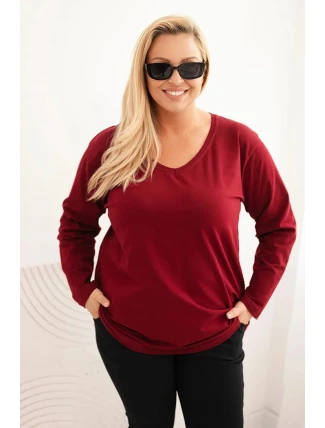 Plus veľkosť dámske V-neck blúzka s dlhými rukávmi bordová