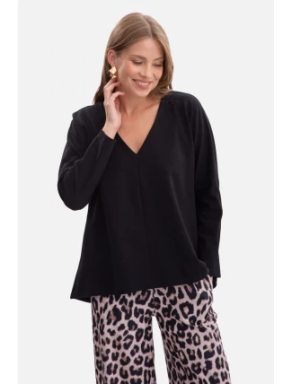 B304 Pletený sveter s výstrihom do V - čierny