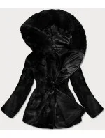 Dámska čierna bunda - kožúšok s kapucňou (BR9743-1)