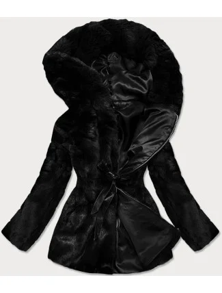 Dámska čierna bunda - kožúšok s kapucňou (BR9743-1)