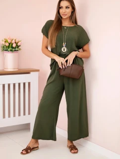 Viskózový set plisovaná blúzka + nohavice khaki