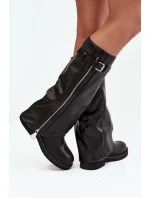 Kozaki Damskie Z Wywiniętą Cholewką Klamrą I Srebrnym Zamkiem Ocieplane Czarne Bressa