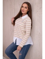 Pruhovaná bavlnená blúzka s golierom svetlo béžová+tmavo béžová