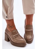 Skórzane Półbuty Na Słupku Z Ozdobą Ciemnobeżowe Lemar Gelanor