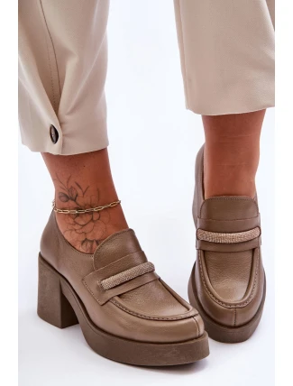 Skórzane Półbuty Na Słupku Z Ozdobą Ciemnobeżowe Lemar Gelanor