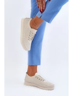 Skórzane Sportowe Buty Trampki Damskie Beżowe Lalnai