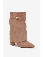 Ocieplane Botki Damskie Na Słupku Z Ozdobnym Paskiem Khaki Luvielle