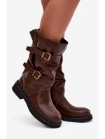 Marszczone Kozaki Damskie Do Połowy Łyski Z Paskami I Klamrami Brązowe Halvessa