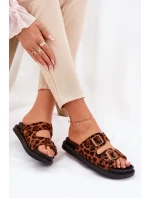 Klapki Damskie W Panterkę Na Platformie Z Klamrami Brązowe Simbes