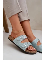 Materiałowe Klapki Na Korkowej Podeszwie Z Klamrami Miętowe Atera