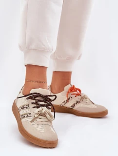 Sneakersy Damskie Z Podwójnym Sznurowaniem Panterka Beżowe Ollabes