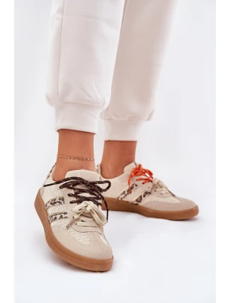 Sneakersy Damskie Z Podwójnym Sznurowaniem Panterka Beżowe Ollabes