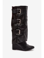 Dámské kozačky na platformě s ohnutým horním lemem a stříbrnými přezkami Černé Sarisse