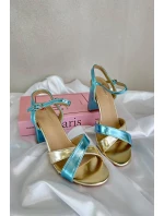 Eko Skórzane Sandały Na Obcasie Słupku Niebiesko-Złote Abilica