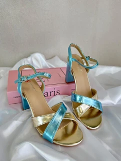 Eko Skórzane Sandały Na Obcasie Słupku Niebiesko-Złote Abilica