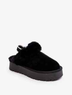 Skórzane Zamszowe Kapcie Damskie Na Platformie Z Futerkiem Czarne Sophienne
