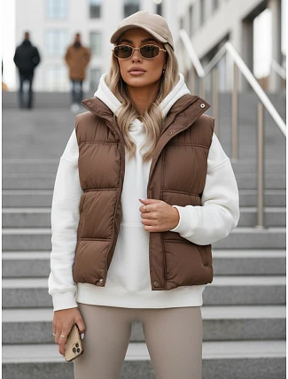 Dámska zateplená vesta bez kapucne, hnedá, FashionStreet TY5725 Dámska zateplená vesta bez kapucne, hnedá, FashionStreet TY5725