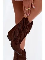 Dámské kožené boty s třásněmi na podpatku čokoládové Gralina