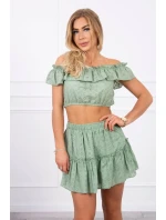 Vyšívaný komplet s pruhovanou blúzkou tmavo mätový