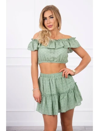 Vyšívaný komplet s pruhovanou blúzkou tmavo mätový