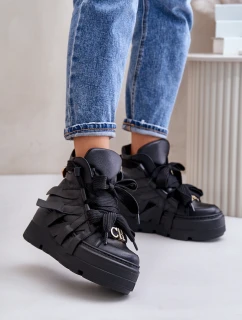 Skórzane Sneakersy Damskie Na Masywnej Platformie CheBello 4561 Czarne