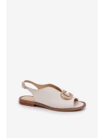 Skórzane Sandały Na Płaskim Obcasie Z Ozdobą Laura Messi 2865 Jasnobeżowe