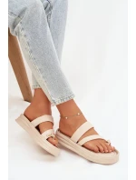 Dámské textilní pantofle s pásky a zlatým detailem světle béžové Farielle