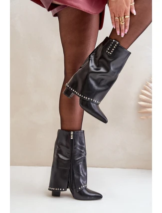 Ocieplane Botki Z Wywiniętą Cholewką Na Słupku Czarne Tamalis