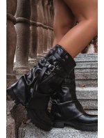 Kozaki Damskie Z Wywiniętą Cholewką Do Połowy Łydki Z Paskiem Czarne Darisa