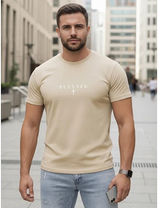 Pánske bavlnené tričko s potlačou BLESSED beige FashionStreet NX5124R Pánske bavlnené tričko s potlačou BLESSED beige FashionStreet NX5124R
