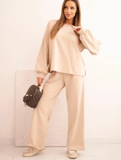 Dámska bavlnená súprava so širokými nohavicami a mikinou s dlhým rukávom béžová