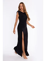 M928 - Maxi dress with ruching and high slit - black