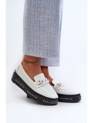 Mokasyny Damskie Skórzane Na Platformie Z Łańcuchem S.Barski LR618 Białe