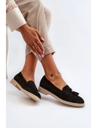 Zazoo 3420 Zamszowe Mokasyny Damskie Na Płaskim Obcasie Czarne