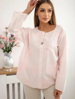 Košeľová blúzka s vyšívaným vzorom púdrovo ružová