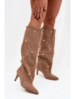 Nazouvací dámské kozačky na podpatku se zlatými ozdobami béžové Thaliane